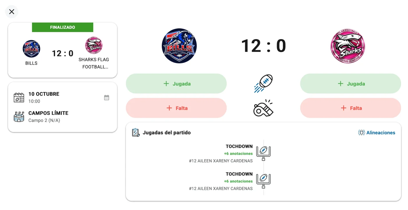 Pantalla de registro de marcador: Bills 12, Sharks 0, botones de Jugada y Falta por equipo y lista de jugadas del partido con touchdowns