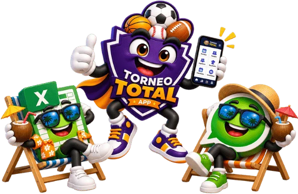 La mascota de Torneo Total relajada en la playa con los personajes de hoja de cálculo y chat