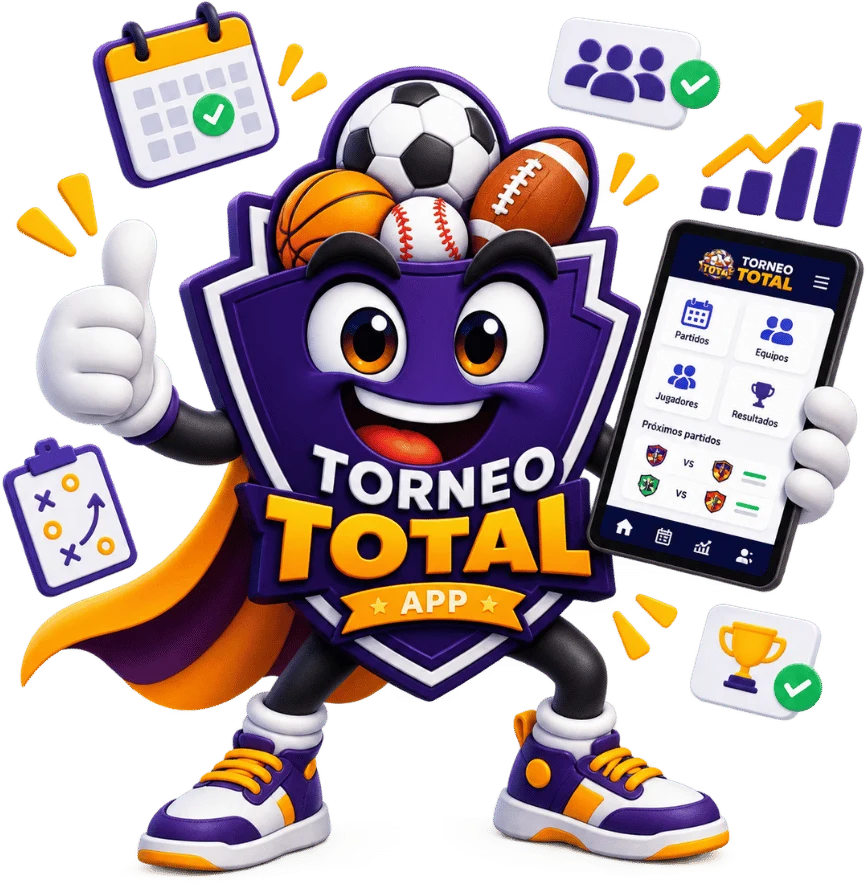 Mascota de Torneo Total mostrando la app en un celular